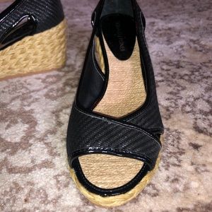 Black linen/jute open toe sandal w/ wedge heel.